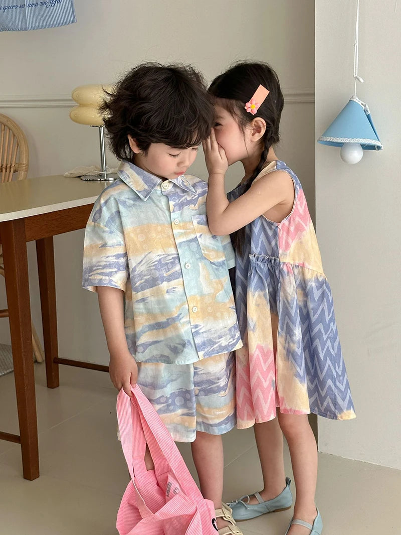 MILANCEL Unisex Summer Patchwork Clothing Set for Kids (Ages 4–6Y) – Cotton Shirt and Shorts Vacation Outfit