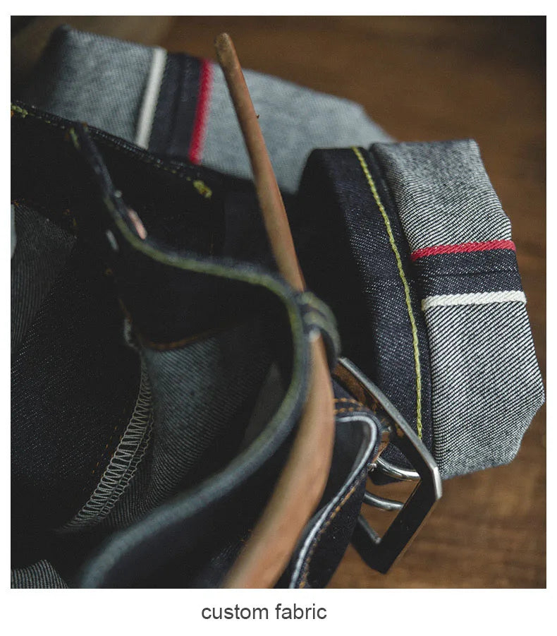 MADEN Men’s Safari Style Slim Fit Straight-Leg Denim Jeans - Embroidered, Vintage-Inspired with Raw Denim Finish