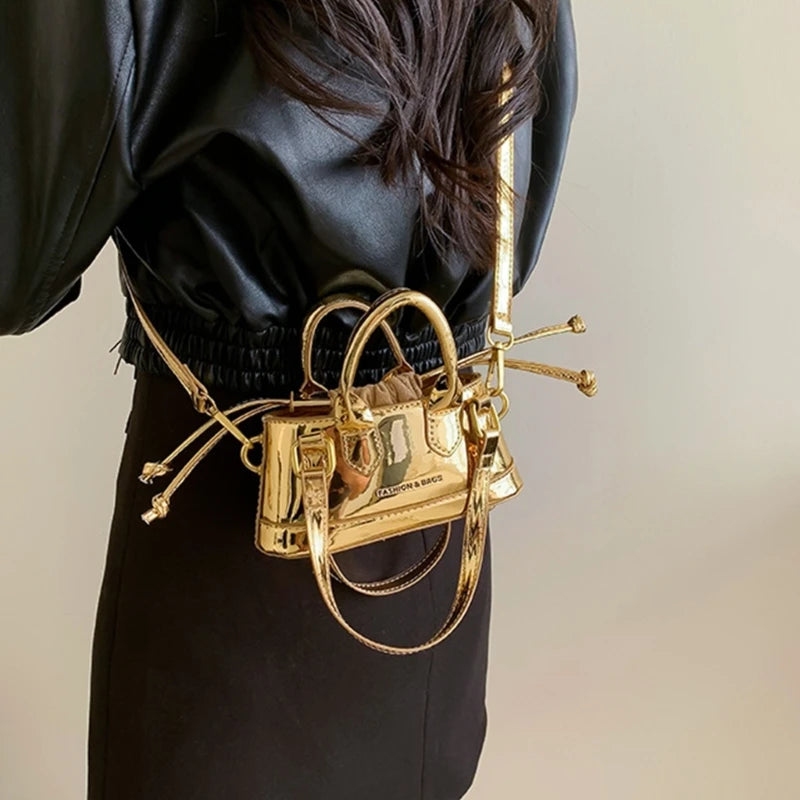 Prettyzys Lacquered Mini Shoulder Bag - Fashionable Drawstring Handheld Crossbody