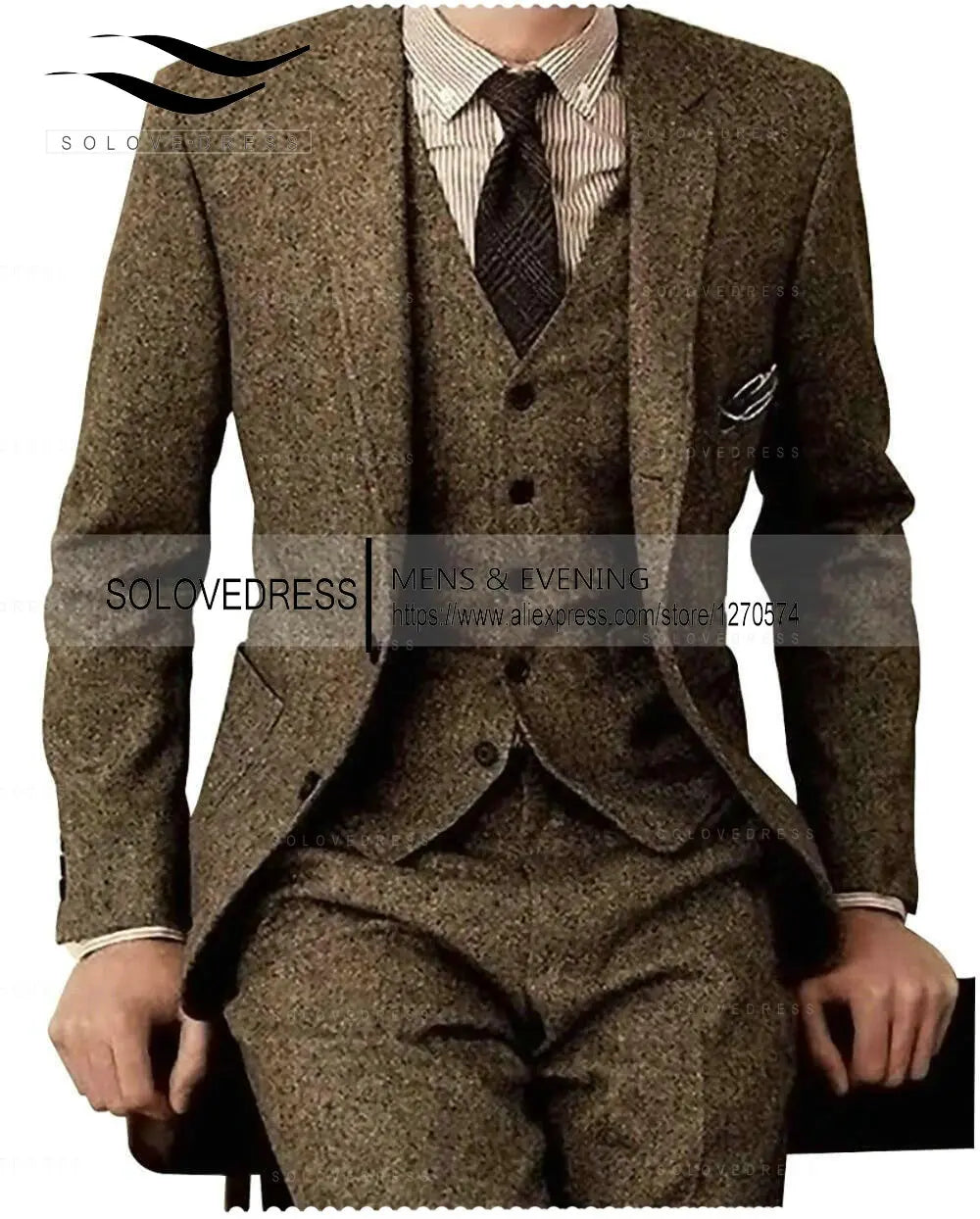 Brown Tweed Men 3 Pieces Formal Business Gentle-Mens Groom Wedding Dress Blazer Suits(Jacket+Pants+Vest)