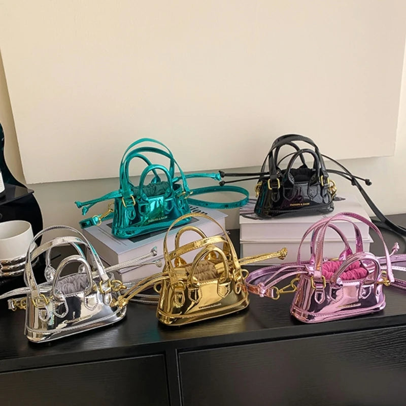 Prettyzys Lacquered Mini Shoulder Bag - Fashionable Drawstring Handheld Crossbody