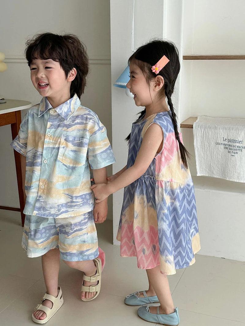 MILANCEL Unisex Summer Patchwork Clothing Set for Kids (Ages 4–6Y) – Cotton Shirt and Shorts Vacation Outfit