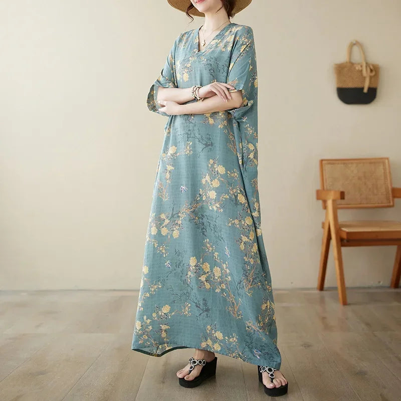 Boho Floral Cotton-Linen Summer Dress for Women – Ankle-Length, Loose Fit, O-Neck