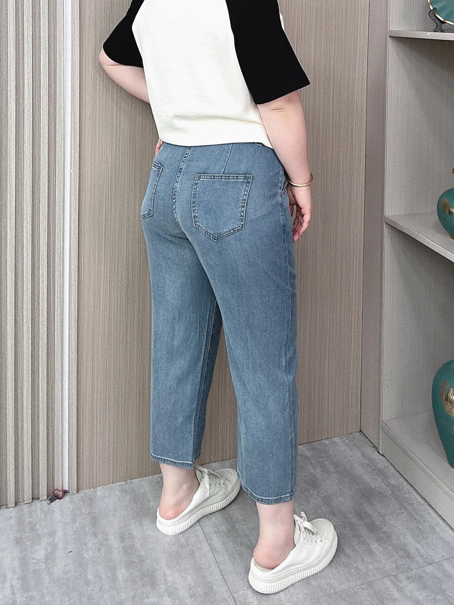 BISENMADE Women's High-Waist Slim Fit Stripe Harem Jeans with Pockets – Ankle-Length for Spring/Summer