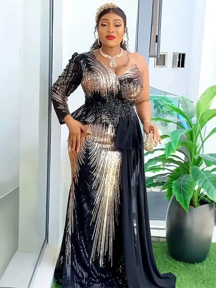 NoEnName_Null Women's Asymmetrical Sequin A-Line Floor-Length Dress – Slim Fit, High Stretch, All-Season Polyester