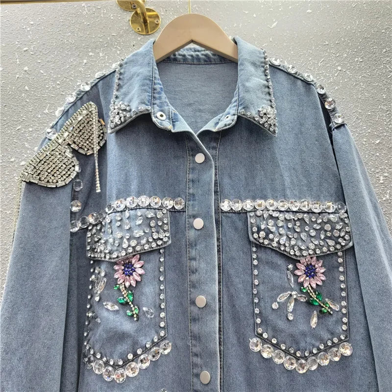 Luxury Women Diamonds Floral Beads Denim Shirts Glasses Fringed Rhinestones Rivets Jeans Bomber Jacket
