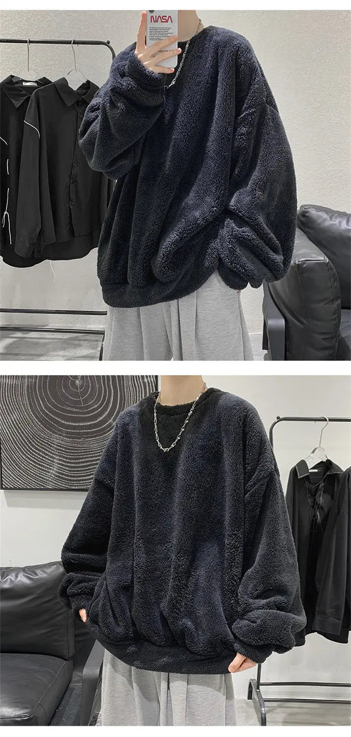 Zuolunouba Men's Solar System Sweatshirt – Casual Solid Color O-Neck with Wool Liner for Autumn & Winter