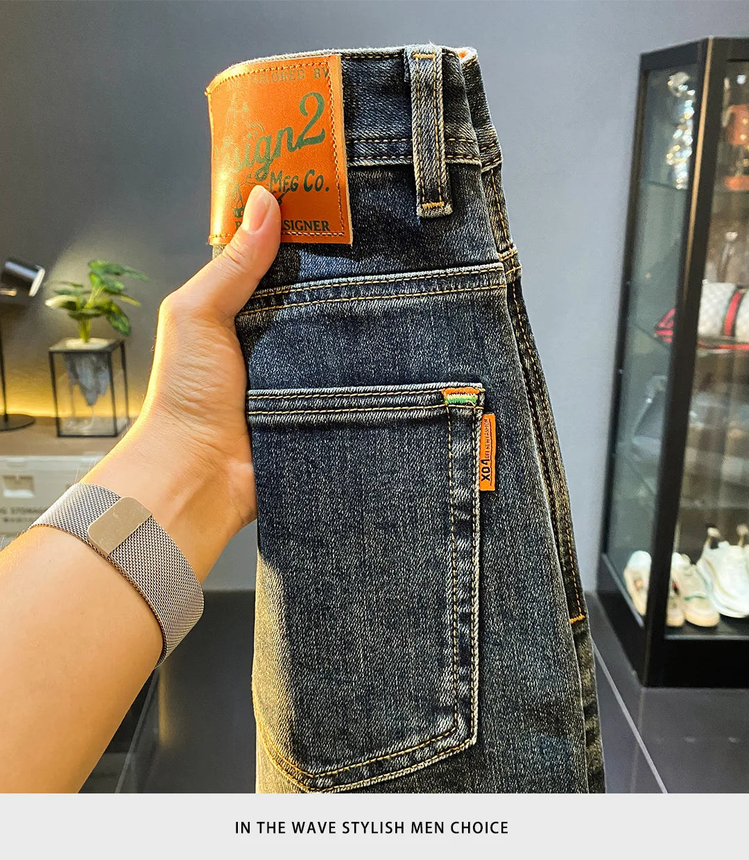 MXKSKV Men’s Slim Fit Straight-Leg Jeans. Distressed Stonewashed Denim with Badge Detail