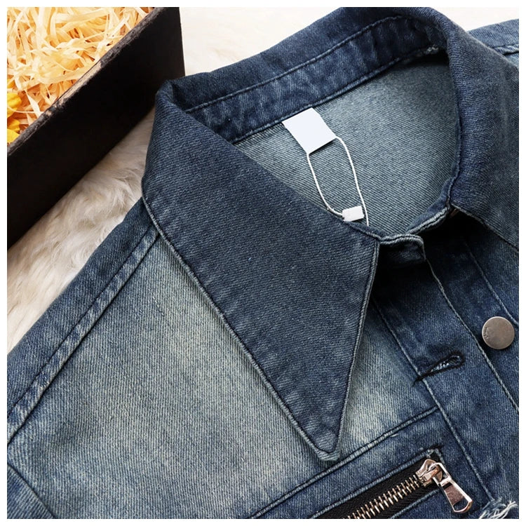 Amolapha Women’s Casual Denim Patchwork Set - High Waist, Wide Leg Pants with Turn-Down Collar (Spring/Summer 2023)