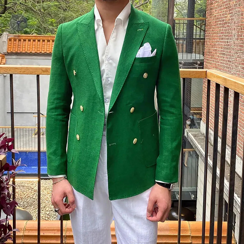 Casual Linen Double Breasted Peak Lapel Regular Length Slim Fit 2 Piece Jacket Pants Beach Tailor Full Set Chic Blazer for men