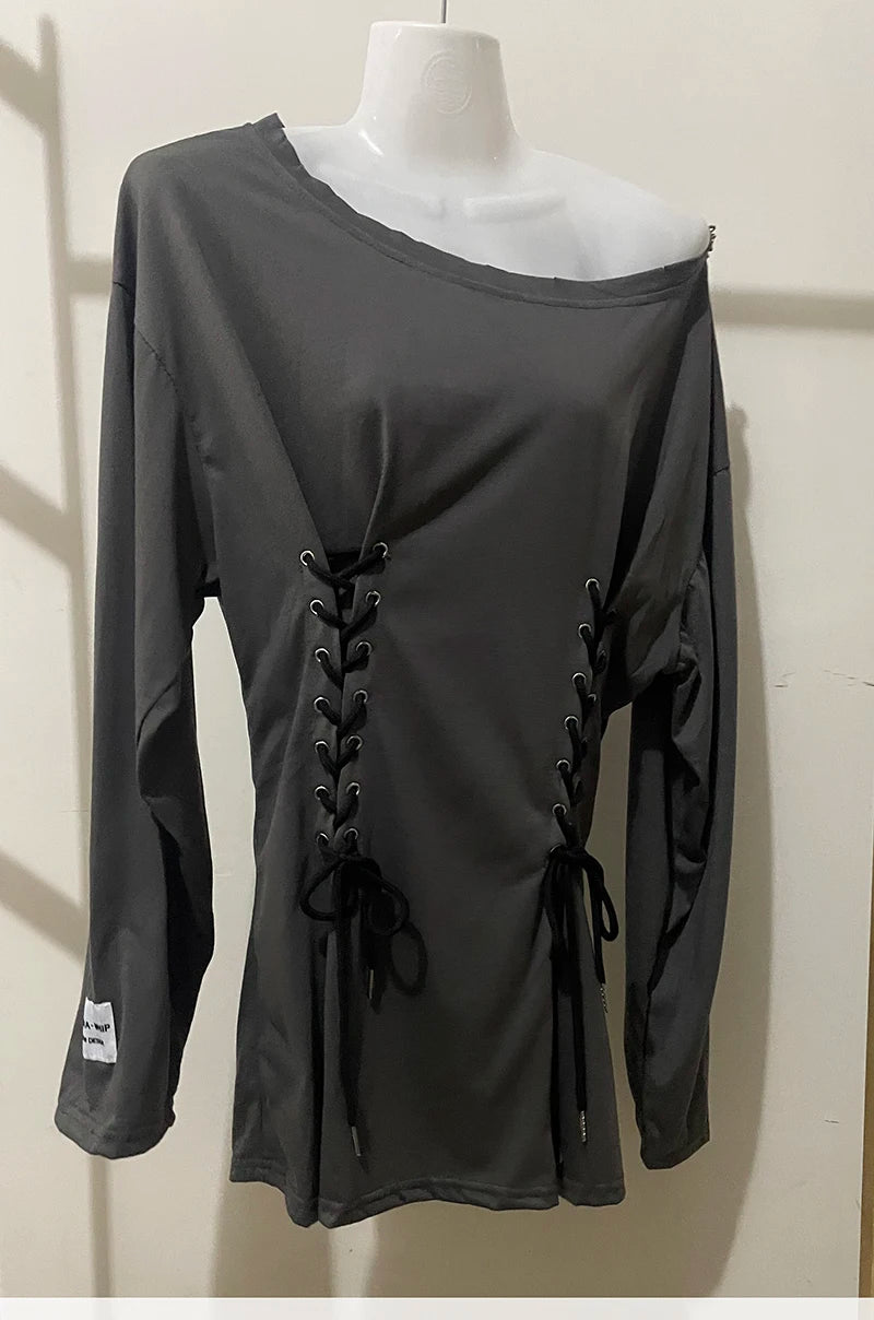 NoEnName_Null Y2K Style A-Line Mini Dress with Diagonal Collar and Bandage Detail - Autumn/Winter Fashion for Women