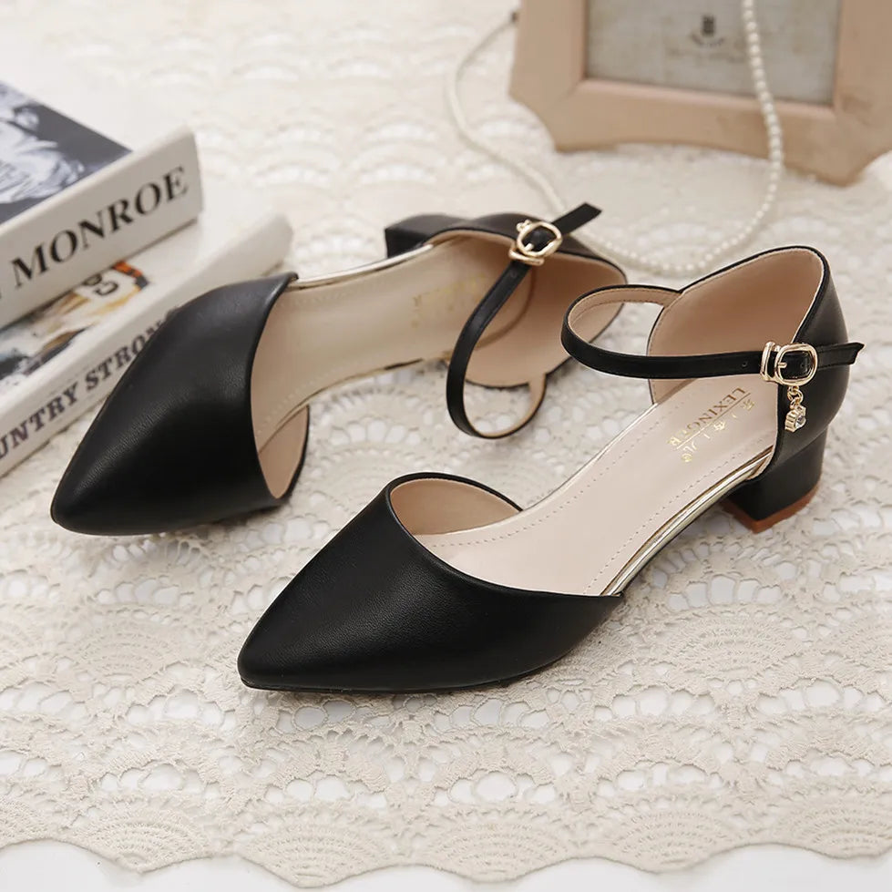YZZJALK Women's Pointed Toe Pumps with Square Heel & Buckle Strap - Office Lady Style