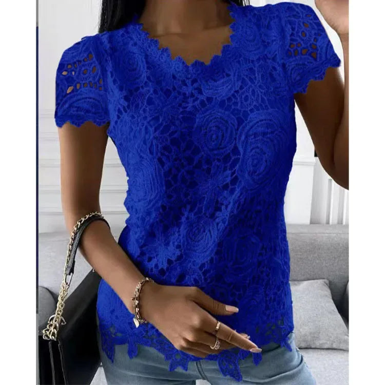 Women's Lace-Decorated Casual Tee – Spring/Summer Regular Fit Top by NoEnName_Null