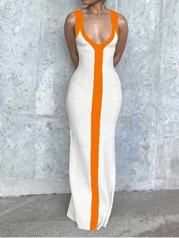 Off-The-Shoulder Patchwork Bandage Dress for Women – V-Neck Ankle-Length Casual Spring/Summer Dress