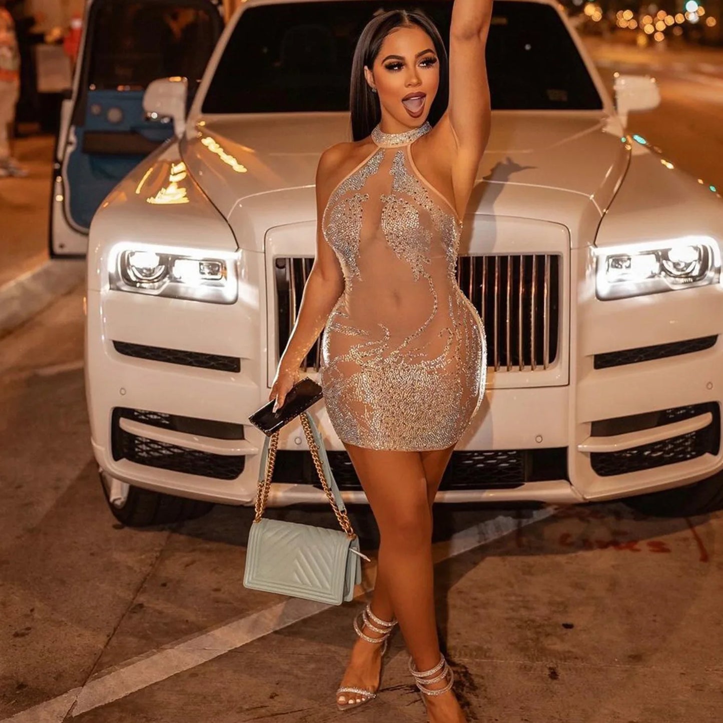 Risbrdfly Sexy & Club Sheath Dress with Diamond Decoration for Women – Mini Above Knee, O-Neck, Slim Fit