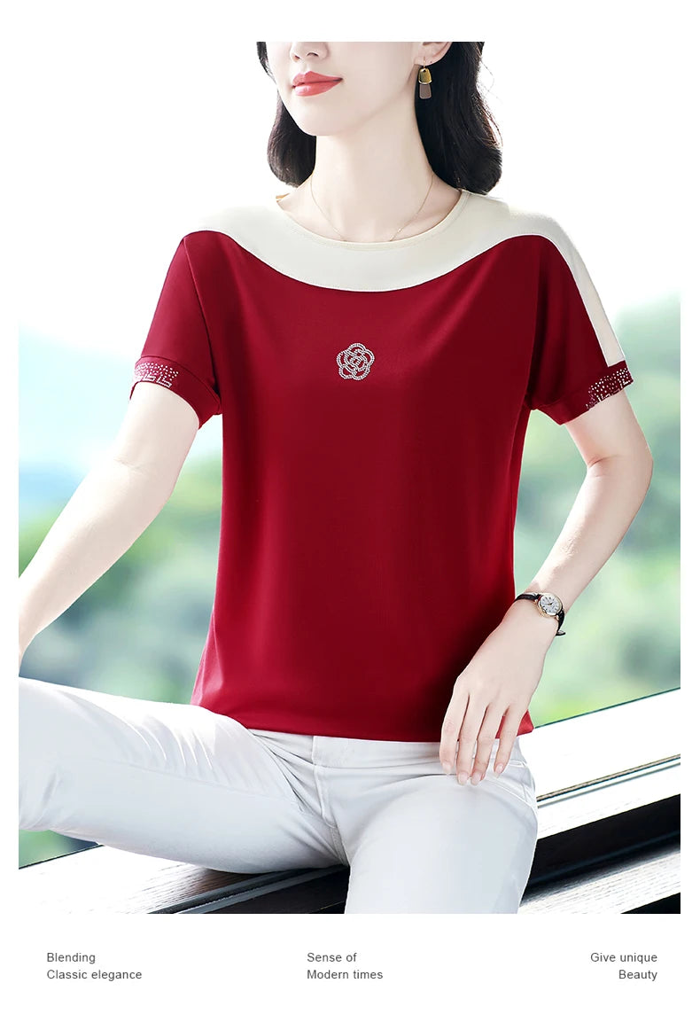 Moeroshe Women's Casual Patchwork O-Neck Tee - Cotton, Classic Style, Summer 2024 Release