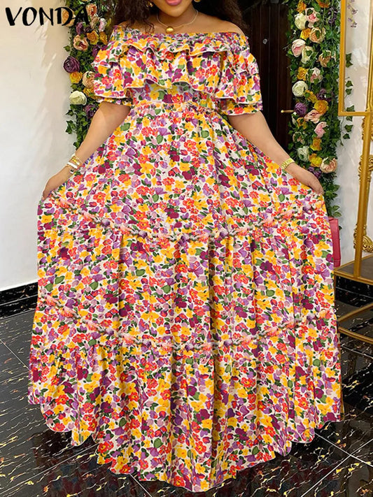 የፕላስ መጠን 5XL VONDA Bohemian Floral የታተመ የሴቶች ተራ ቀሚስ