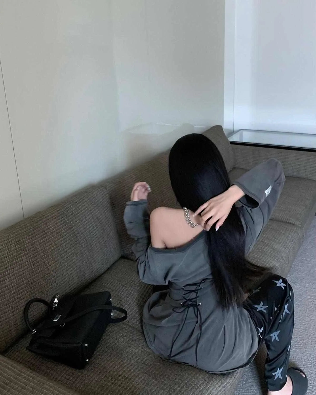 NoEnName_Null Y2K Style A-Line Mini Dress with Diagonal Collar and Bandage Detail - Autumn/Winter Fashion for Women