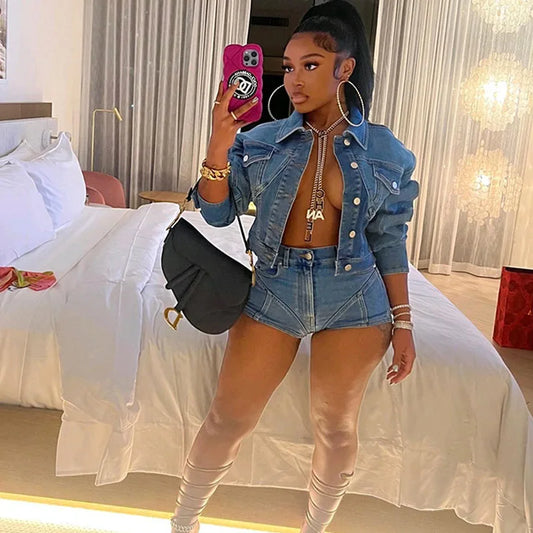 Doyerl Women's 2-Piece Denim Shorts Set – Streetwear Fashion for Autumn/Winter