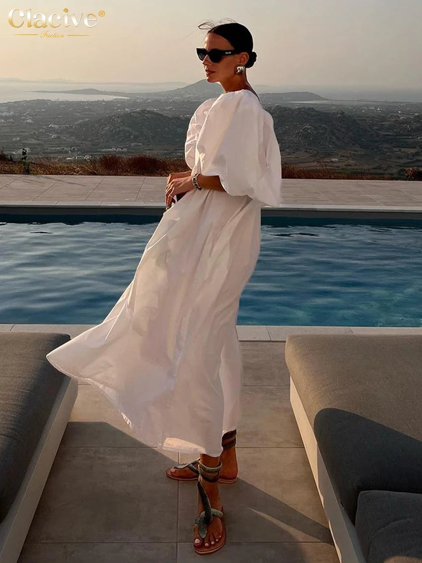 Clacive Casual Loose White Dress - Elegant Summer Square Collar Puff Sleeve Ankle-Length Dress