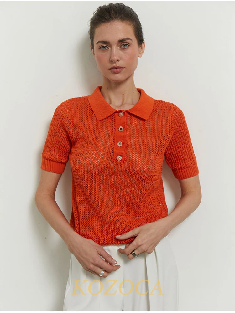 KOZOCA Women's Hollow-Out Knit T-shirt – Casual Solid Spring/Summer Top