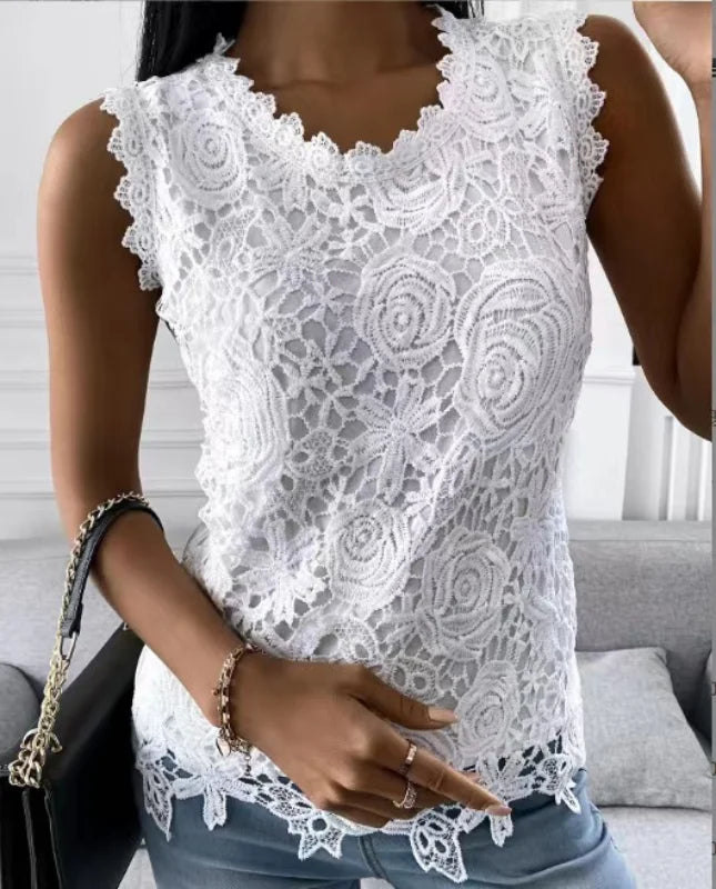 Women's Lace-Decorated Casual Tee – Spring/Summer Regular Fit Top by NoEnName_Null