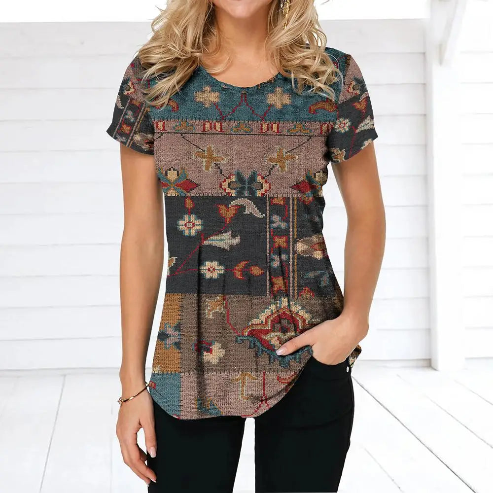 NoEnName_Null Women’s 3D Print Patchwork T-Shirt – Casual American Retro O-Neck Short Sleeve Top