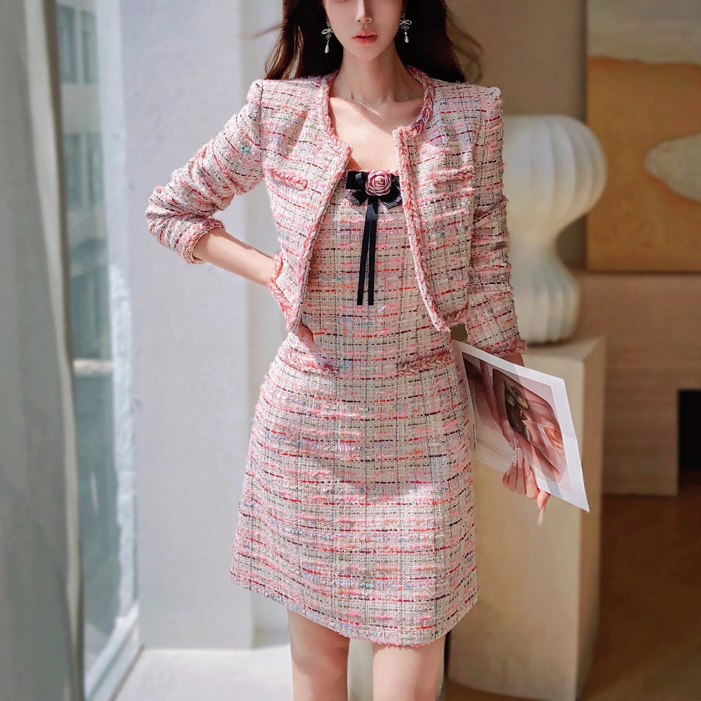 Dabuwawa Women's England Style Plaid A-Line Dress with Tassel, Button, and Patchwork Details – Autumn/Winter Collection