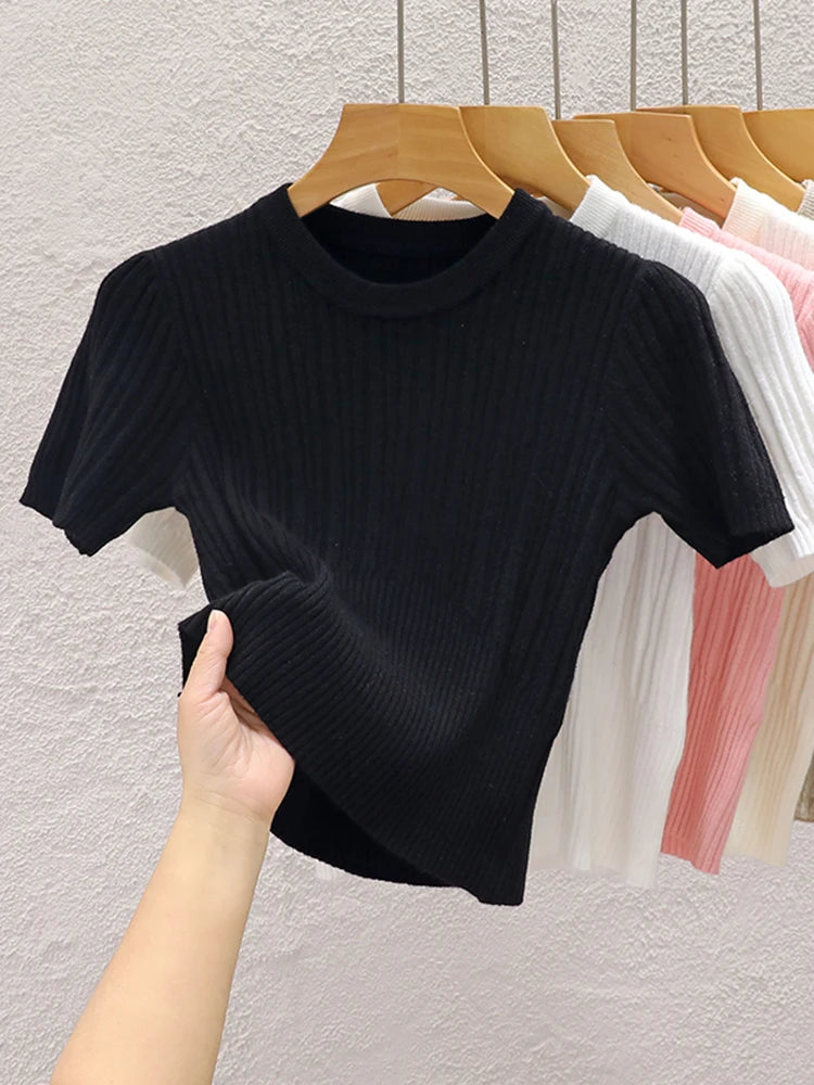 2025 Summer T shirts for Women Casual Korean Knit Streetwear Basic Solid Young Cool Tops