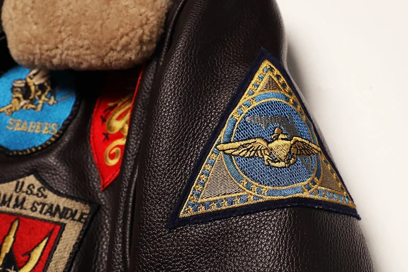 NoEnName_Null Men’s Military Style Cow Leather Jacket – Winter Outerwear with Zippers and Turn-Down Collar