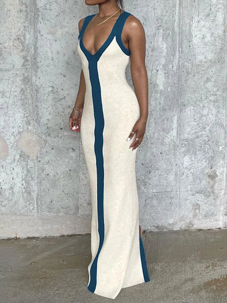 Off-The-Shoulder Patchwork Bandage Dress for Women – V-Neck Ankle-Length Casual Spring/Summer Dress