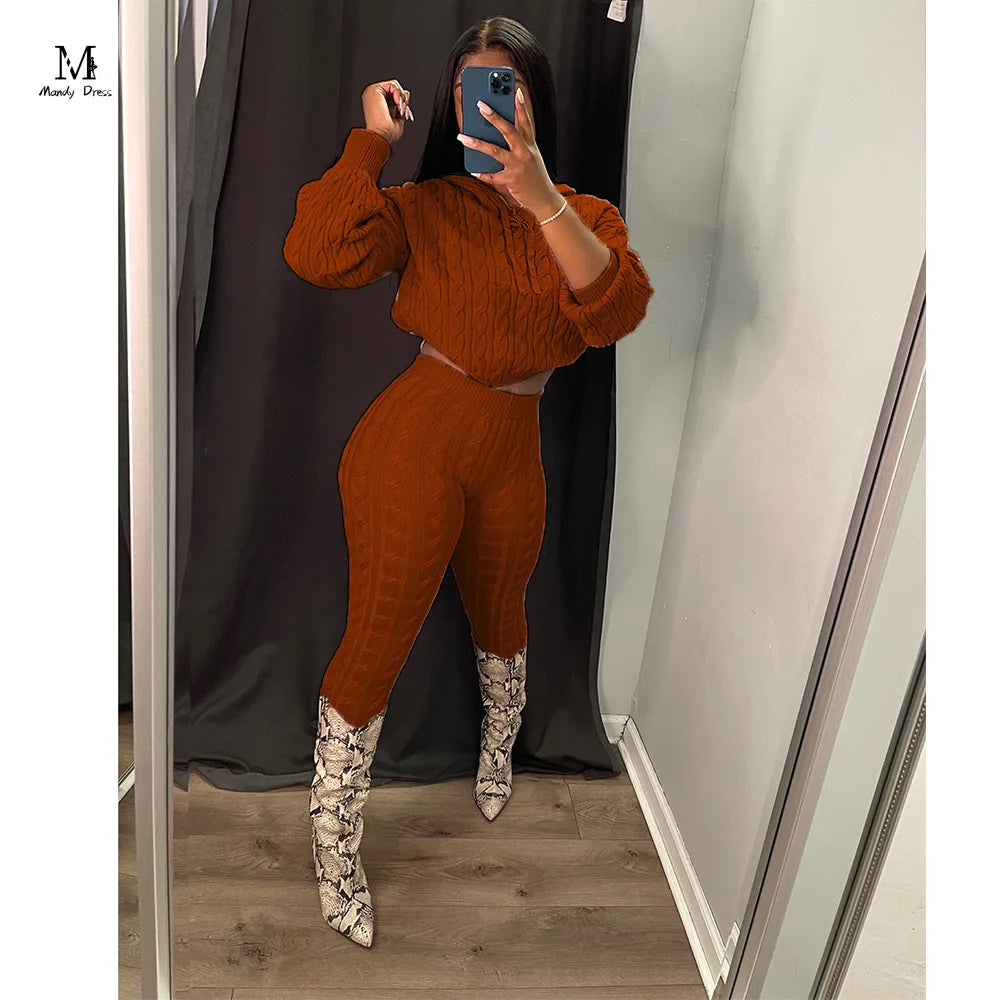 Mandydress Women's Hooded Casual Pullover and High-Waist Skinny Pants Set – Autumn/Winter Collection