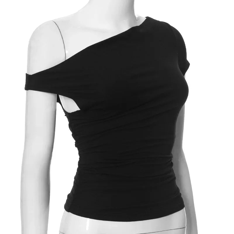 Vamos Todos Y2K Asymmetrical Skew Collar Slim Fit Tee for Women – Streetwear Summer Top