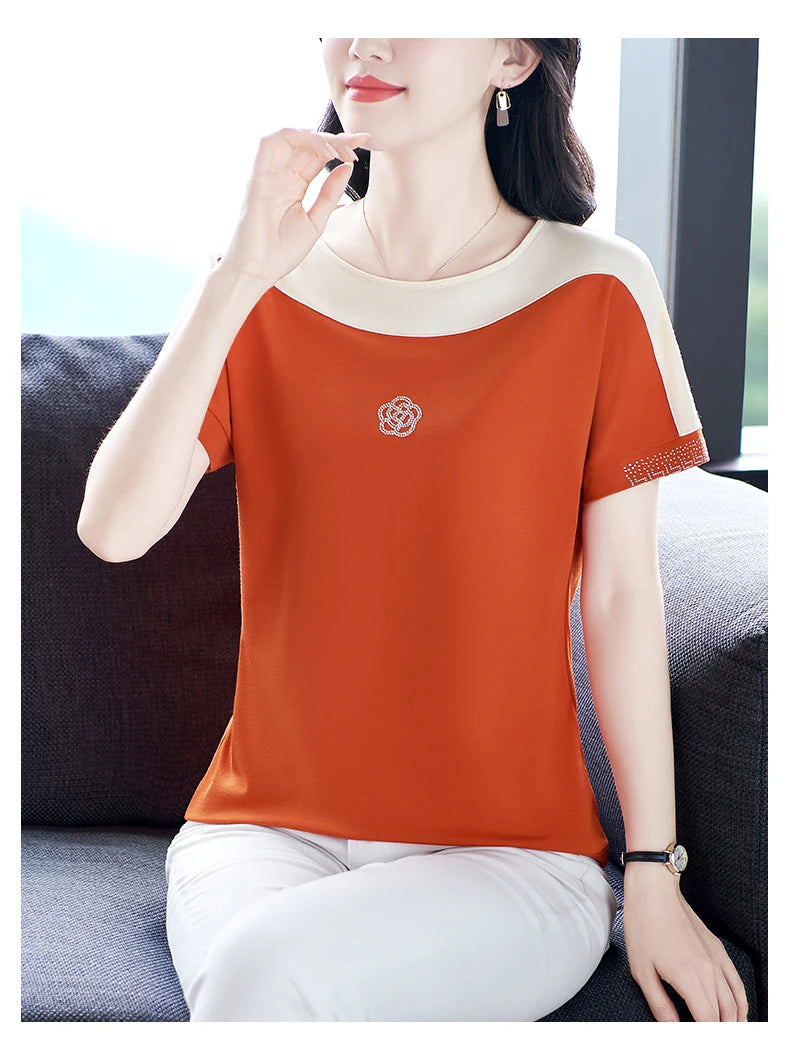 Moeroshe Women's Casual Patchwork O-Neck Tee - Cotton, Classic Style, Summer 2024 Release