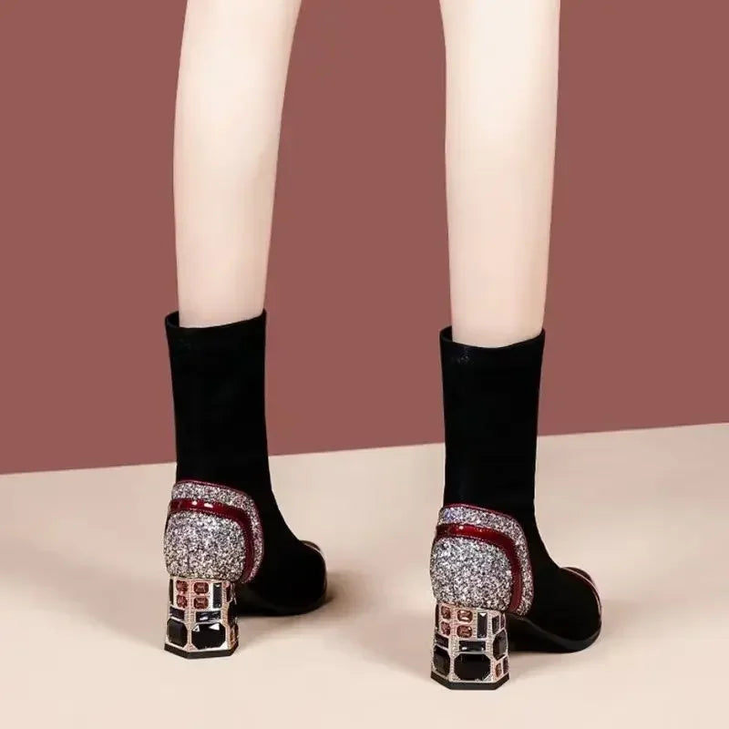 Shangkaka Women's Mid-Calf Sock Boots – Crystal Detailing, Pointed Toe, High Square Heel