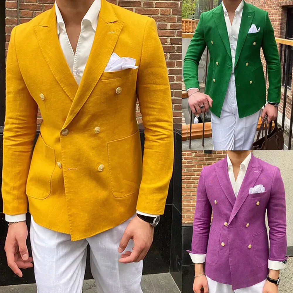Casual Linen Double Breasted Peak Lapel Regular Length Slim Fit 2 Piece Jacket Pants Beach Tailor Full Set Chic Blazer for men