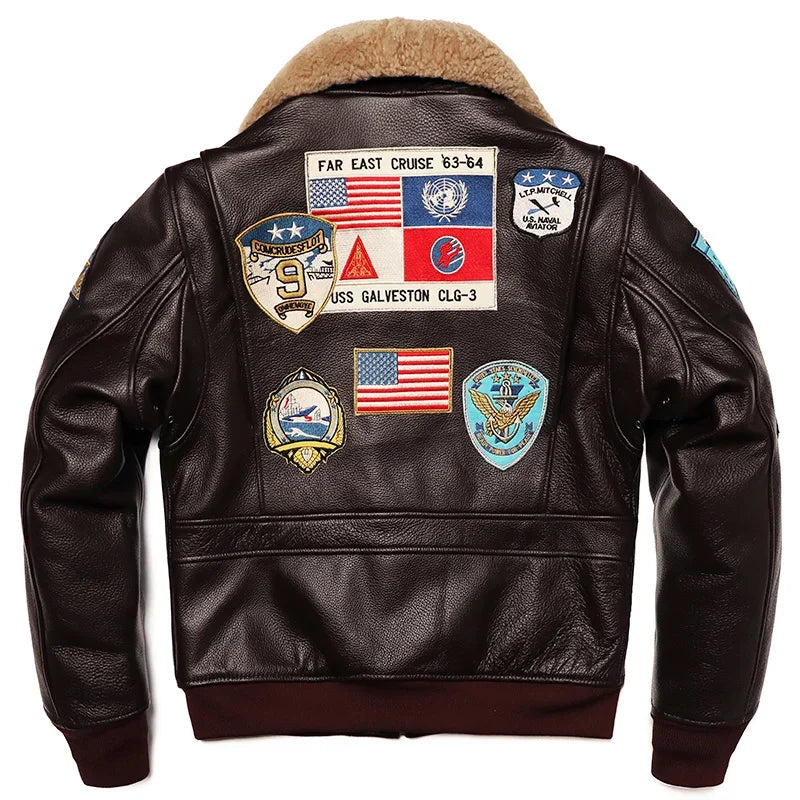 NoEnName_Null Men’s Military Style Cow Leather Jacket – Winter Outerwear with Zippers and Turn-Down Collar