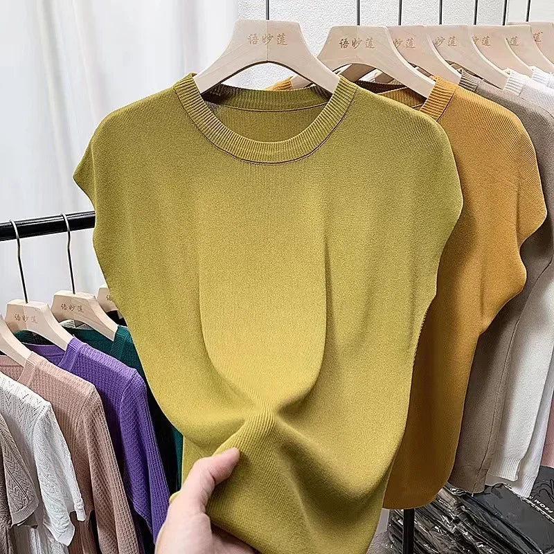 Women's T-Shirts 2024 Summer Ice Silk Knitted Tees Casual Solid Tops Purple Blue Fashion O Neck Short Sleeved Blouse for Women
