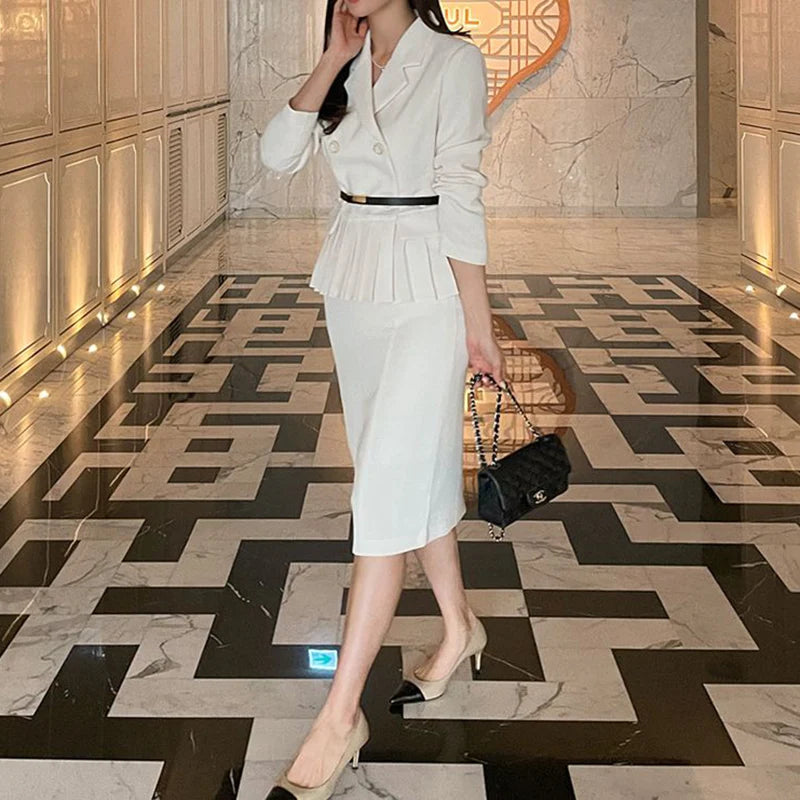 Autumn Spring Office Ladies Two Piece Set Double-Breasted White Ruffles Belt Blazer Tops + Split Pencil Skirt Suit