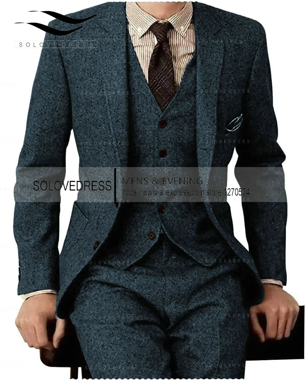 Brown Tweed Men 3 Pieces Formal Business Gentle-Mens Groom Wedding Dress Blazer Suits(Jacket+Pants+Vest)