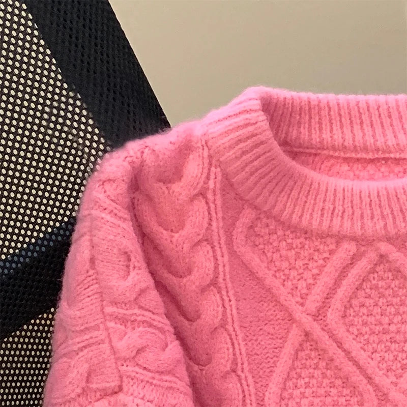 LEOSOXS Women’s Sweet High Street Wool Pullover – Autumn/Winter Solid O-Neck Sweater in Pink