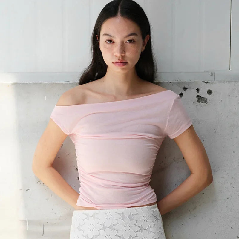 Vamos Todos Y2K Asymmetrical Skew Collar Slim Fit Tee for Women – Streetwear Summer Top