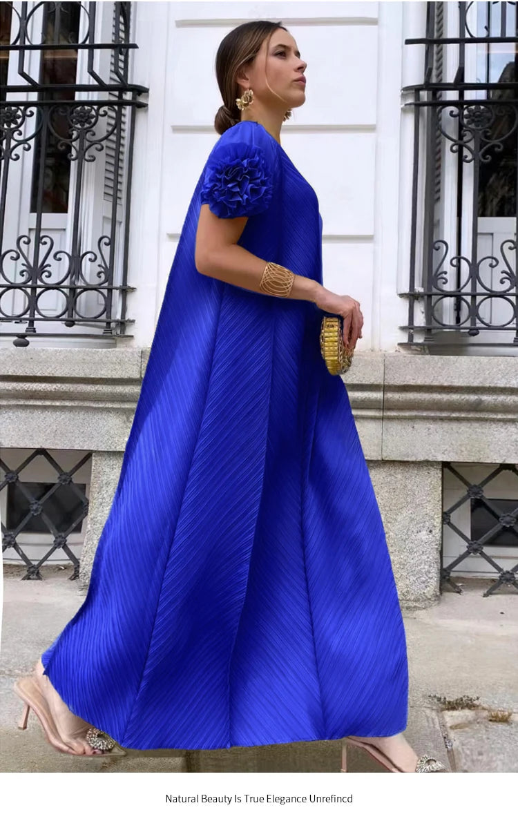 NoEnName_Null Women’s Asymmetrical Neckline A-Line Pleated Long Skirt Dress – Casual Retro Style, Mid-Calf Length