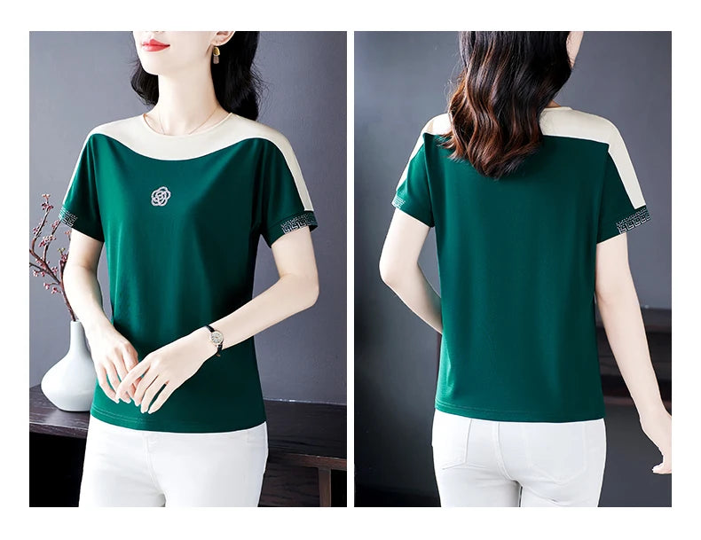 Moeroshe Women's Casual Patchwork O-Neck Tee - Cotton, Classic Style, Summer 2024 Release