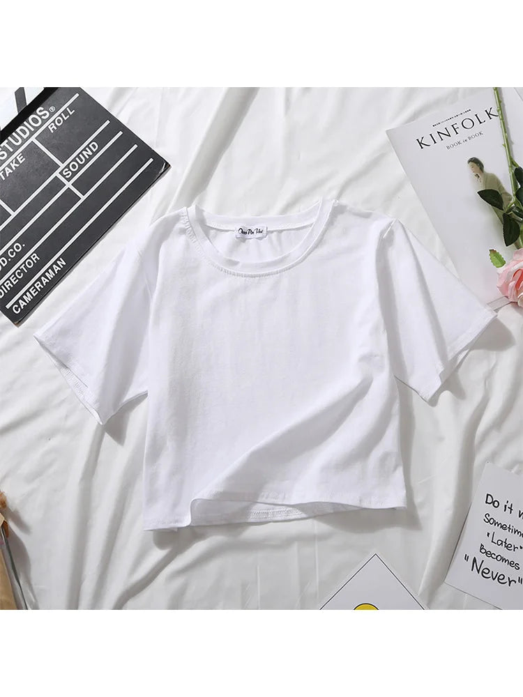 Summer Short Sleeve T Shirts Women  Solid O Neck High Waist Crop Top Tee Female Casual Loose T Shirt
