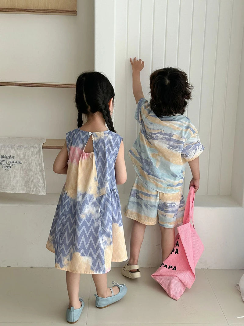 MILANCEL Unisex Summer Patchwork Clothing Set for Kids (Ages 4–6Y) – Cotton Shirt and Shorts Vacation Outfit