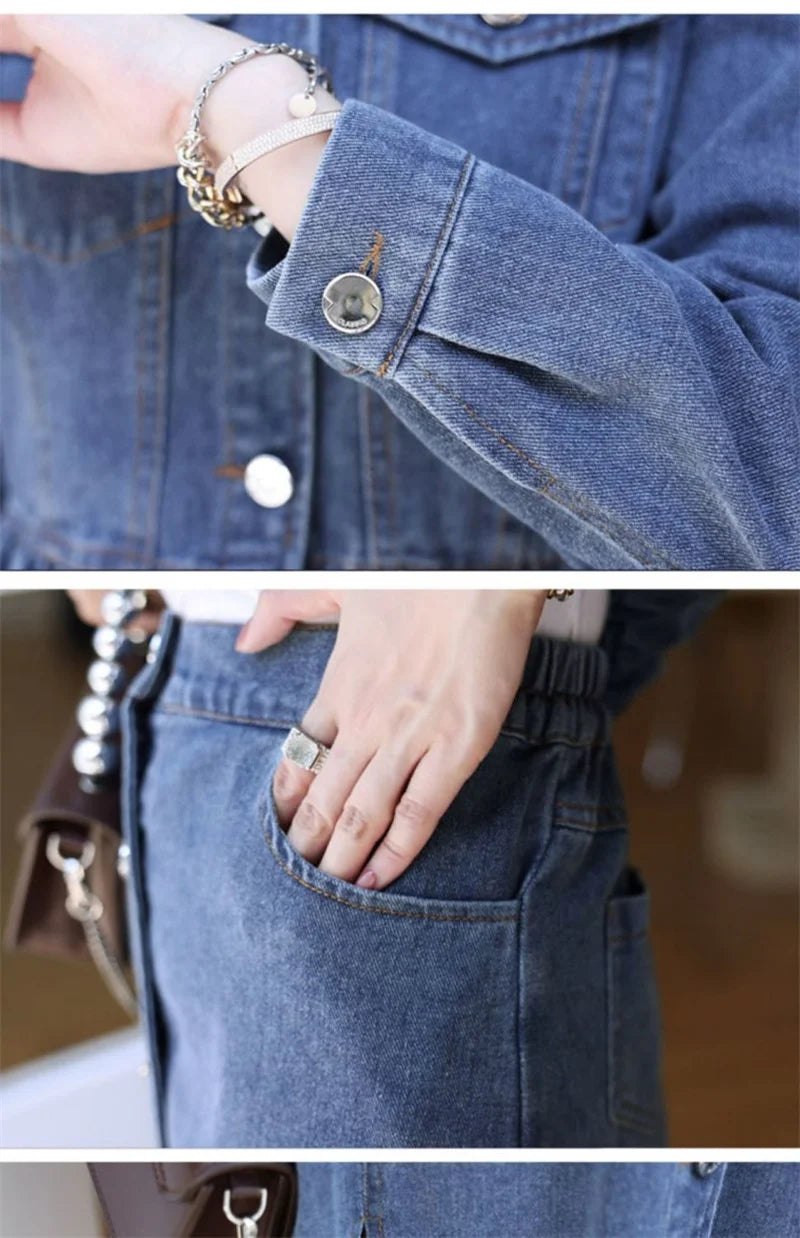 huapang-lsl Women's Office Lady A-Line Denim Dress – Knee-Length with Turn-Down Collar