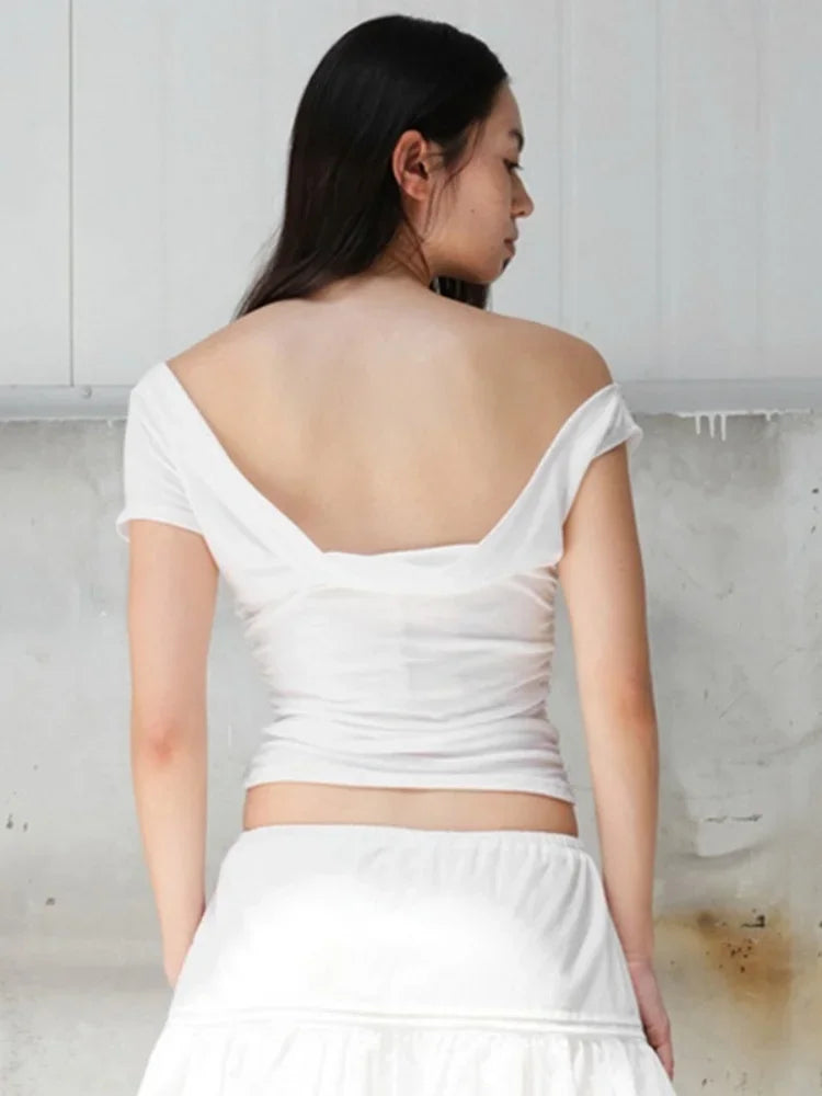 Vamos Todos Y2K Asymmetrical Skew Collar Slim Fit Tee for Women – Streetwear Summer Top