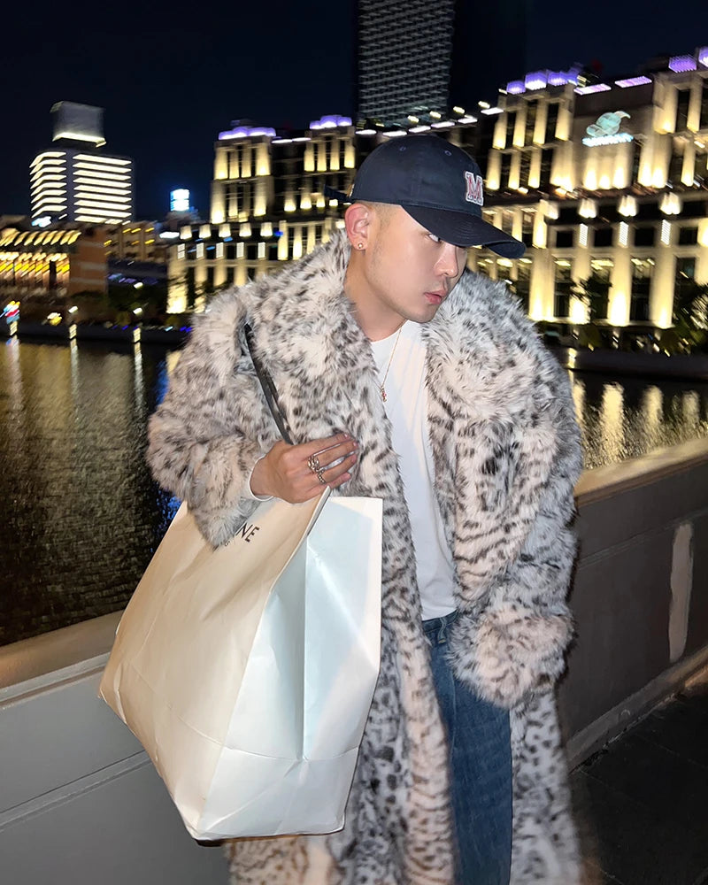 Mauroicardi Men’s Casual Leopard Faux Fur Winter Coat - Single-Breasted, Long-Length with Pockets