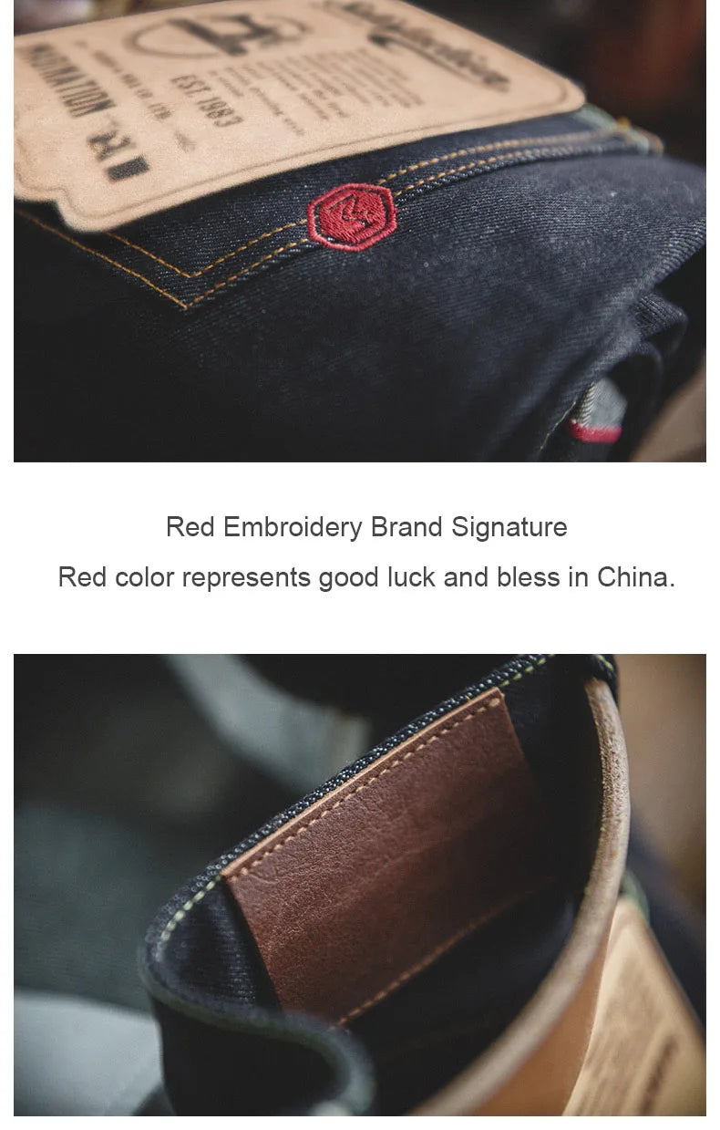 MADEN Men’s Safari Style Slim Fit Straight-Leg Denim Jeans - Embroidered, Vintage-Inspired with Raw Denim Finish